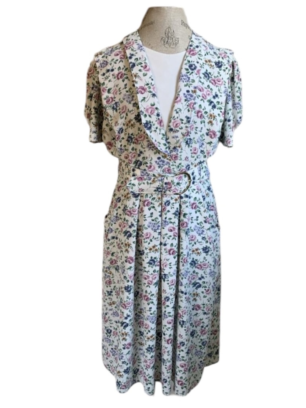 Vintage Periwinkle Floral Midi Dress Womens A-Line Puff Sleeve Belt Cottagecore - Picture 1 of 12